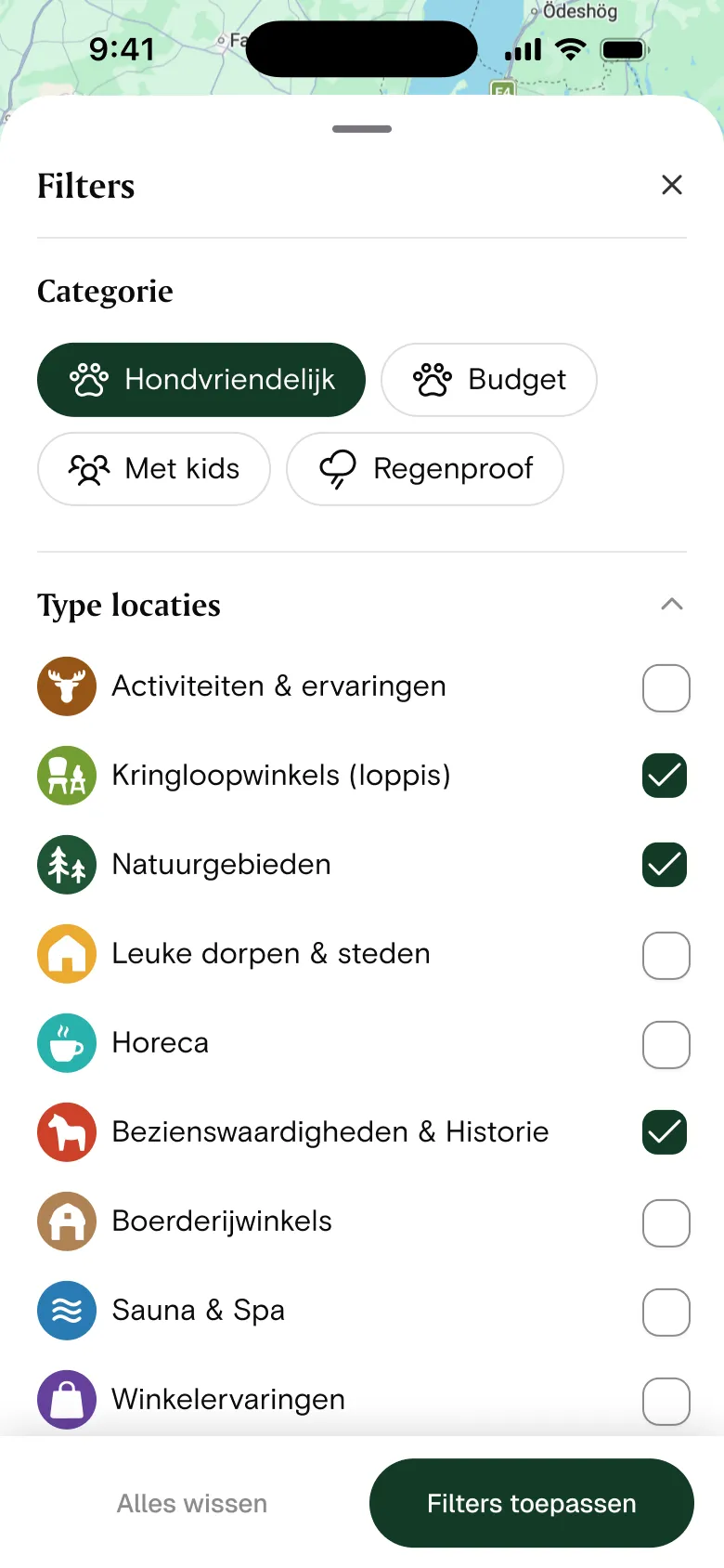 Swedespots app showing theme filters